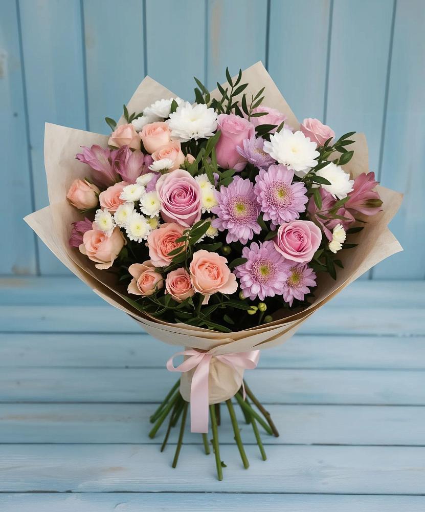 Букет цветов из: Хризантемы, Розы и Альстромерии в Маришкино