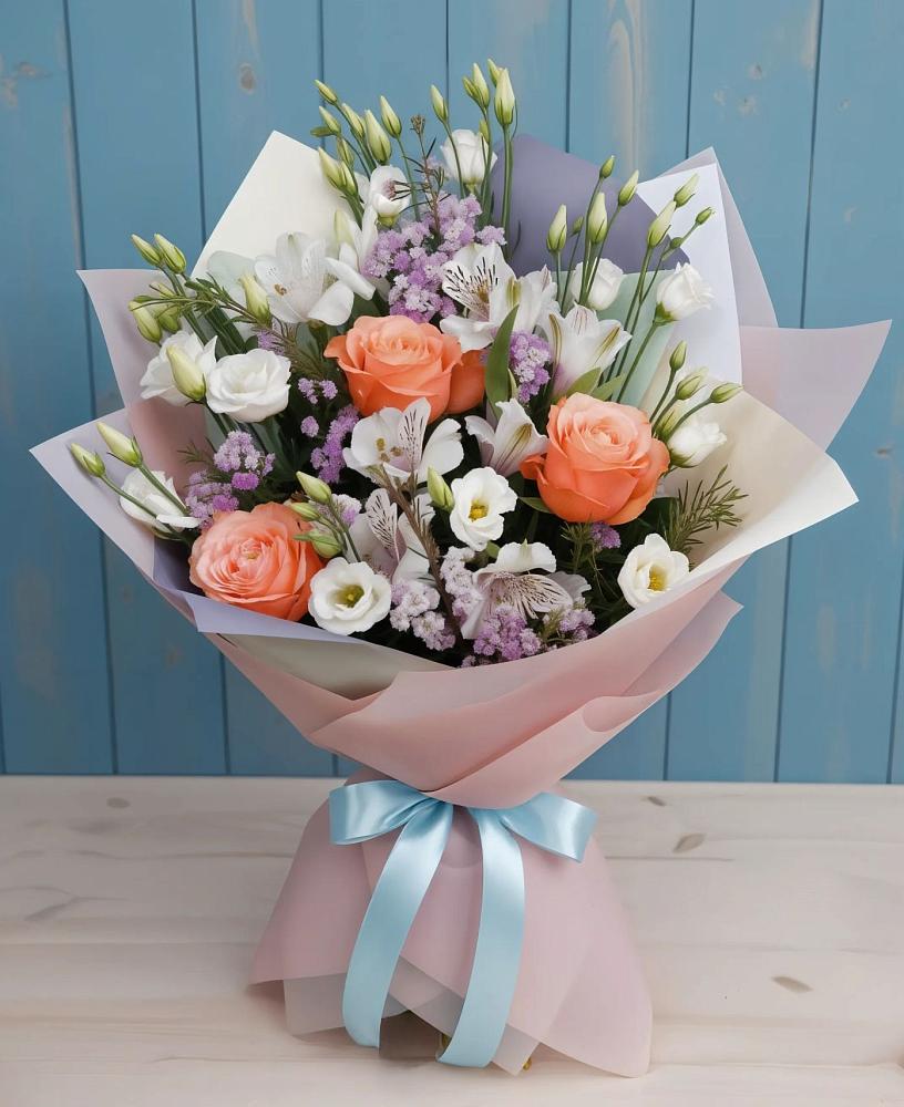 Букет цветов из: Лизиантусы, Розы, Альстромерии и Гипсофила в Маришкино