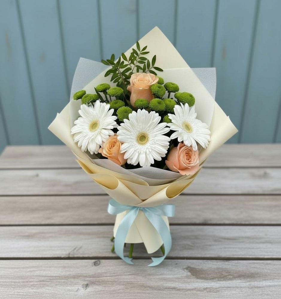 Букет цветов из: Герберы, Розы и Хризантемы в Маришкино