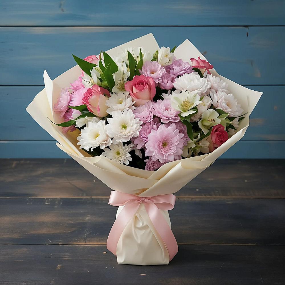 Букет цветов из: Хризантемы, Альстромерии и Розы в Маришкино